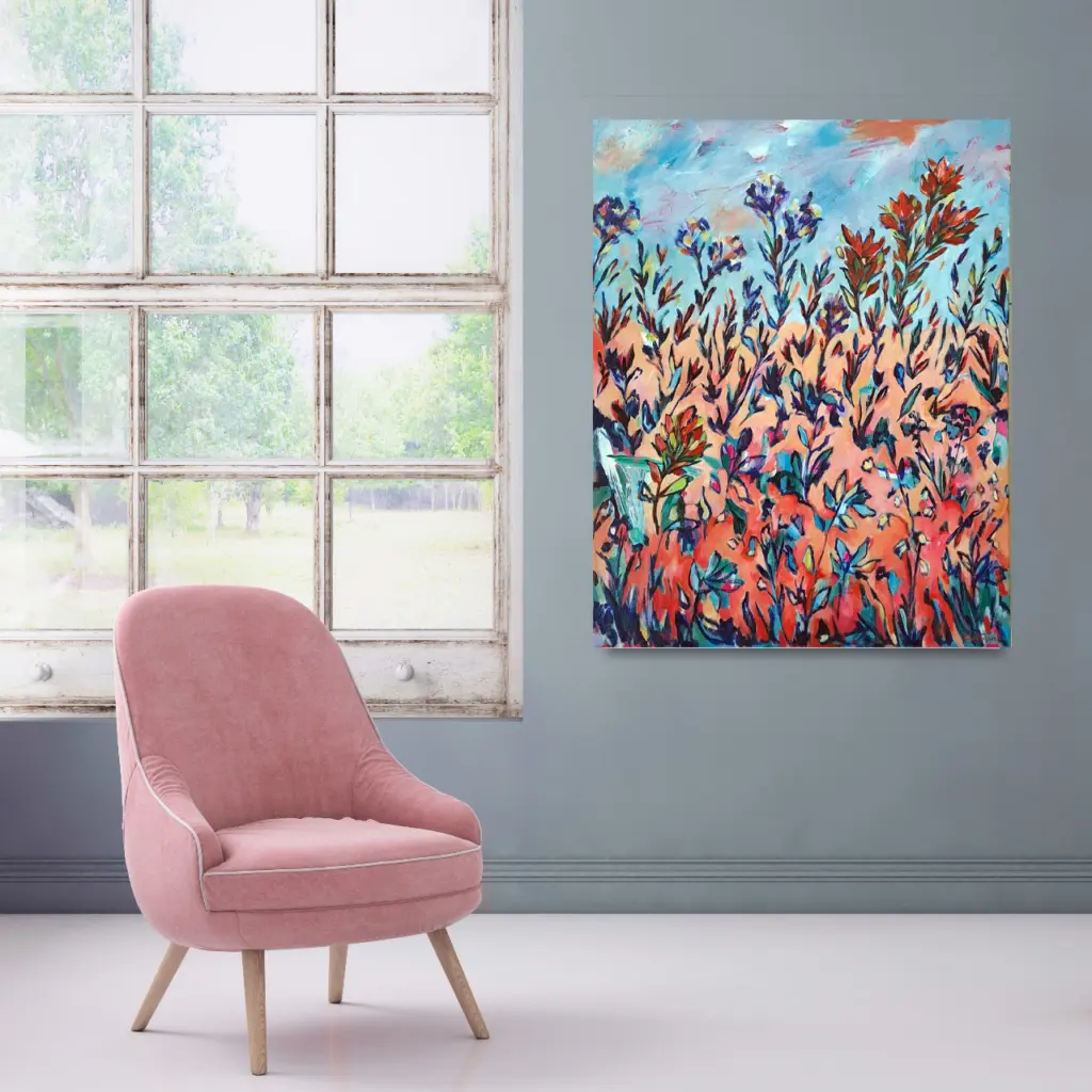 Autumnal Flowers — Acrylic on Stretched Canvas, 560 × 700 mm shown in an interior setting.
