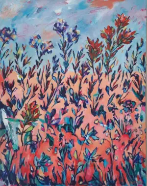 Autumnal Flowers — acrylic on stretched canvas, 56 × 70 cm, by Julie Tugwell