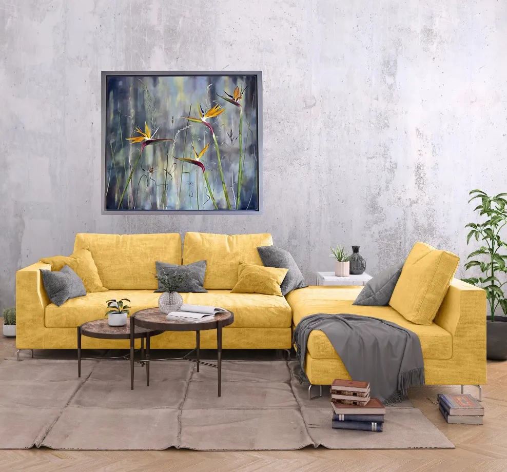 Julie Tugwell Art <br> Dancing Strelitzias <br> Oil on Board - Framed <br> 830 mm x 930 mm