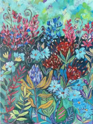 Fynbos Flowers — acrylic on stretched canvas, 60 × 45 cm, by Julie Tugwell
