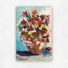 Small acrylic still life of red, pink and yellow flowers in a terracotta pot on turquoise by Julie Tugwell.