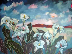 Where the Mountains Meet the Lilies — acrylic on stretched canvas, 100 × 76 cm, by Julie Tugwell