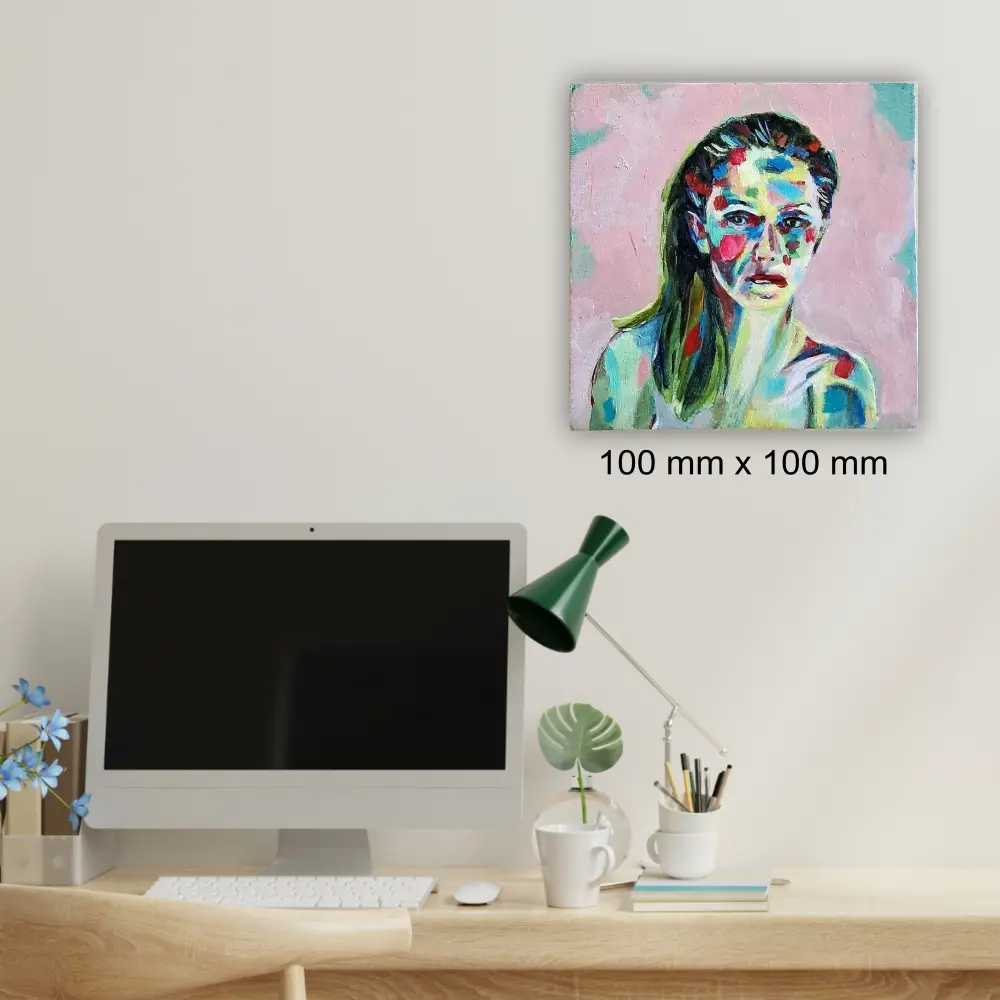 Julie Tugwell Art <br> Self Portrait  <br>Acrylic on Board<br> 100 mm x 100 mm