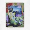 Colourful acrylic nude of a seated figure from behind facing a blue panel, amid red, purple and green, by Julie Tugwell.