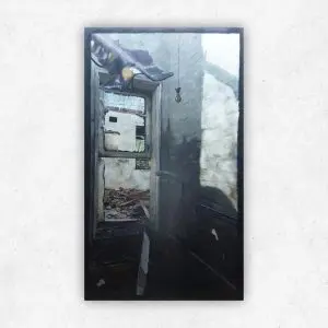 Julie Tugwell Art <br> June 7th Laundry (Knysna Fires) <br> Oil on Board <br> 460 mm x 280 mm