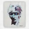 Expressive abstract portrait of a face in pale blue, white and plum on a neutral ground, by Julie Tugwell.