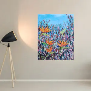 Julie Tugwell Art <br> Summer Strelitzias <br> Acrylic on Stretched Canvas <br> 560 mm x 710 mm