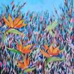 Summer Strelitzias — acrylic on stretched canvas, 56 × 71 cm, by Julie Tugwell