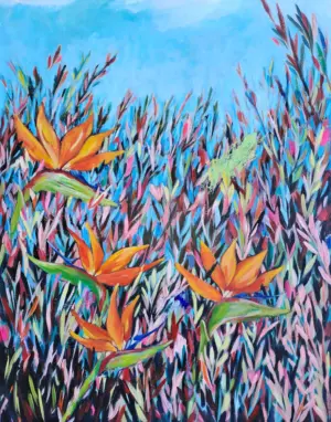 Summer Strelitzias — acrylic on stretched canvas, 56 × 71 cm, by Julie Tugwell
