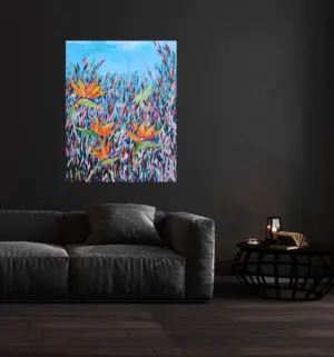 Summer Strelitzias by Julie Tugwell Art, Acrylic on Stretched Canvas, 560 mm x 710 mm