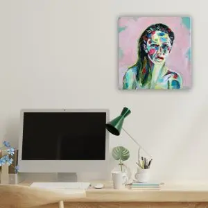 Julie Tugwell Art <br> Self Portrait  <br>Acrylic on Board<br> 100 mm x 100 mm