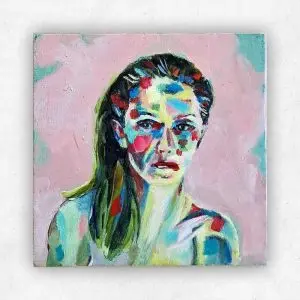 Self Portrait by Julie Tugwell Art, Acrylic on Board, 100 mm x 100 mm