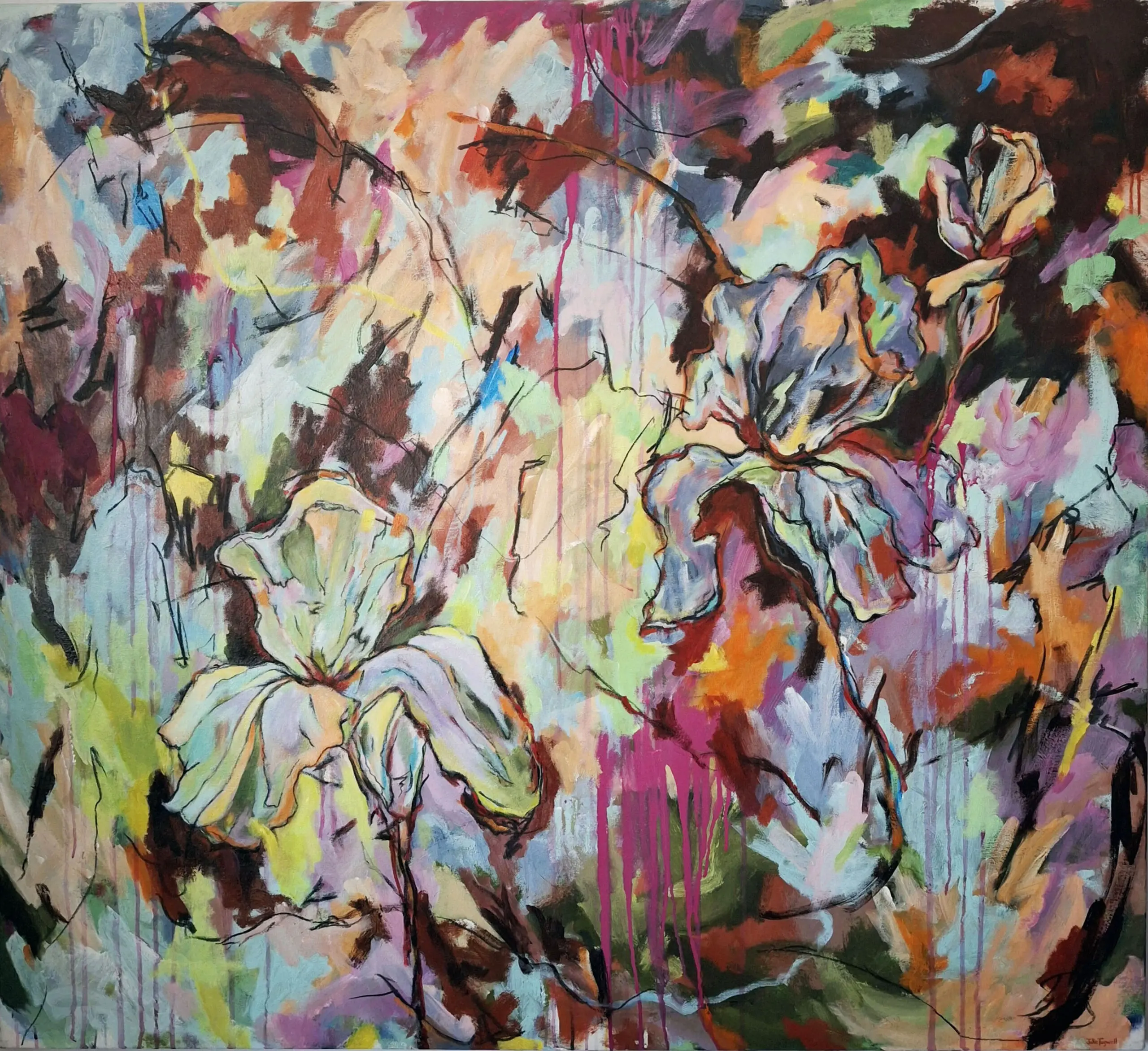 Julie Tugwell Art <br> Tempestous Petals Bloom at Noon Acrylic and charcoal on strected canvas 135x124cm