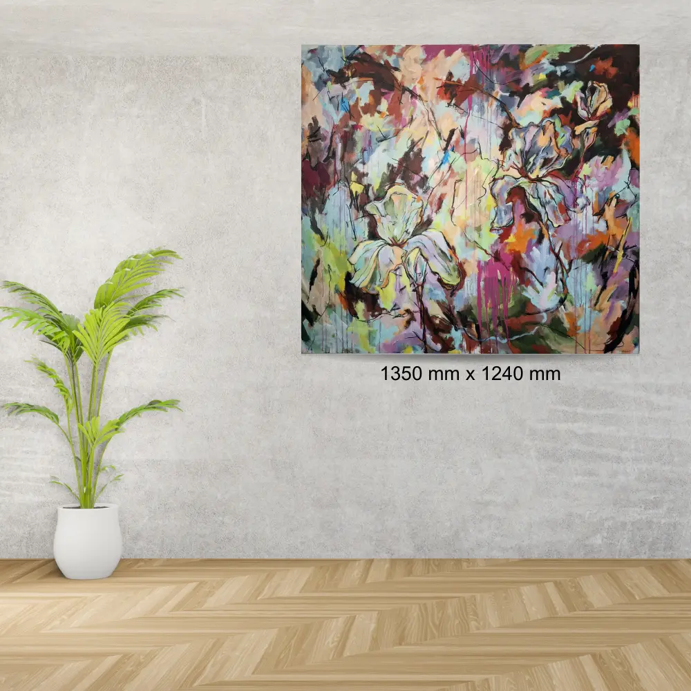 Julie Tugwell Art <br> Tempestous Petals Bloom at Noon <br>Acrylic and charcoal on stretched canvas <br>1350 mm x 1240 mm