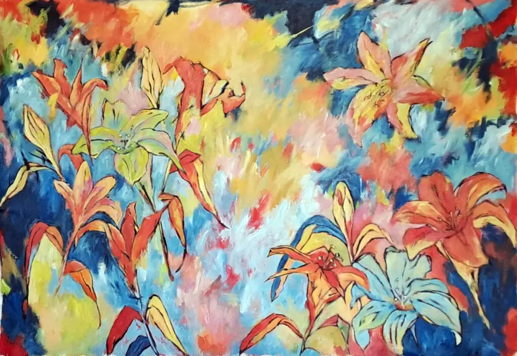 Vibrant floral acrylic painting of coral and gold lilies against blue and yellow by Julie Tugwell.