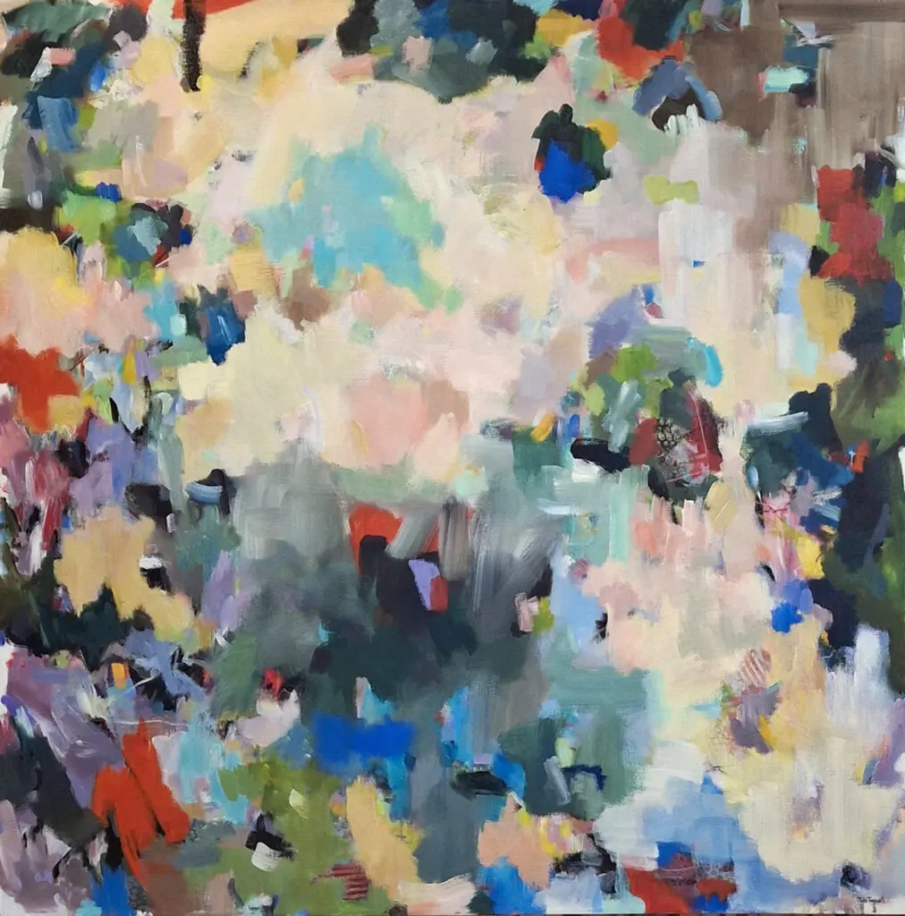 Soft pastel abstract acrylic painting in cream, blush and sage with small dabs of blue, red and green by Julie Tugwell.