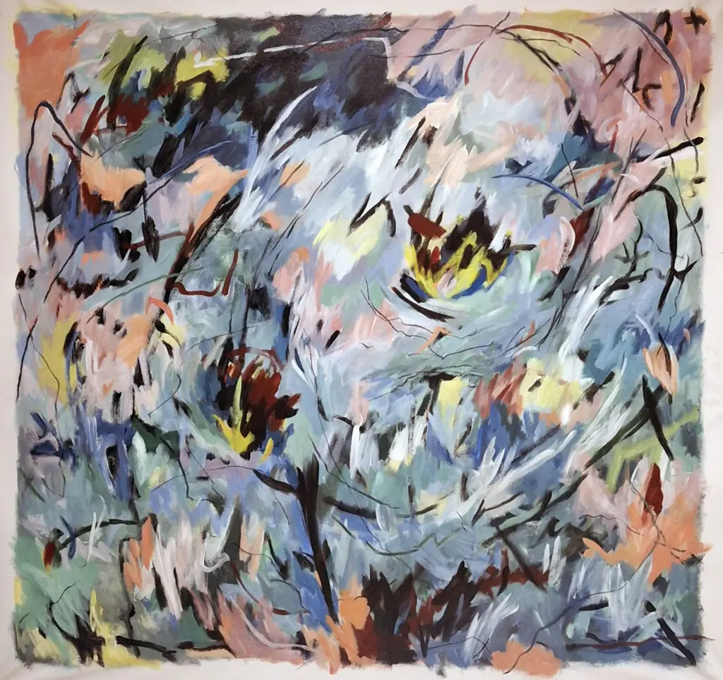 Large tonal abstract in acrylic with soft blues, greens and dusty pinks layered with dark line by Julie Tugwell.