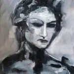 Tonal monochrome oil portrait of a woman with lowered eyes in black, white and grey by Julie Tugwell.