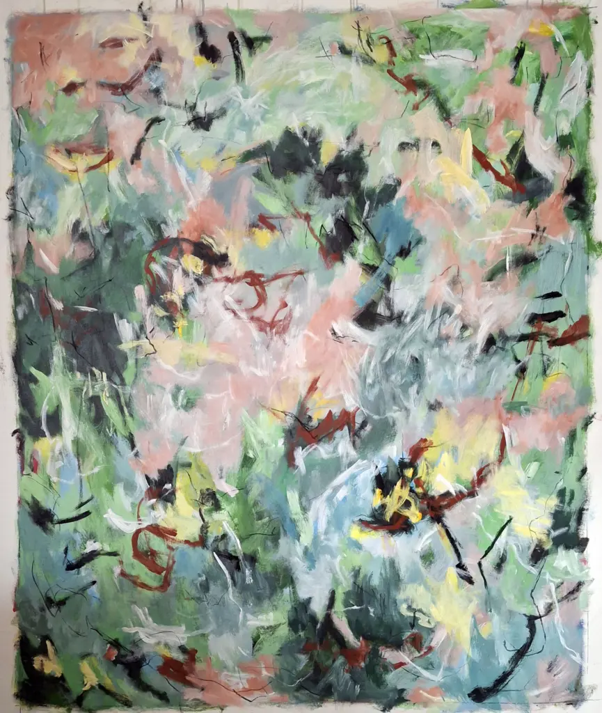 Large lyrical abstract in acrylic with soft greens, dusty pinks and peach threaded with rust-red marks by Julie Tugwell.