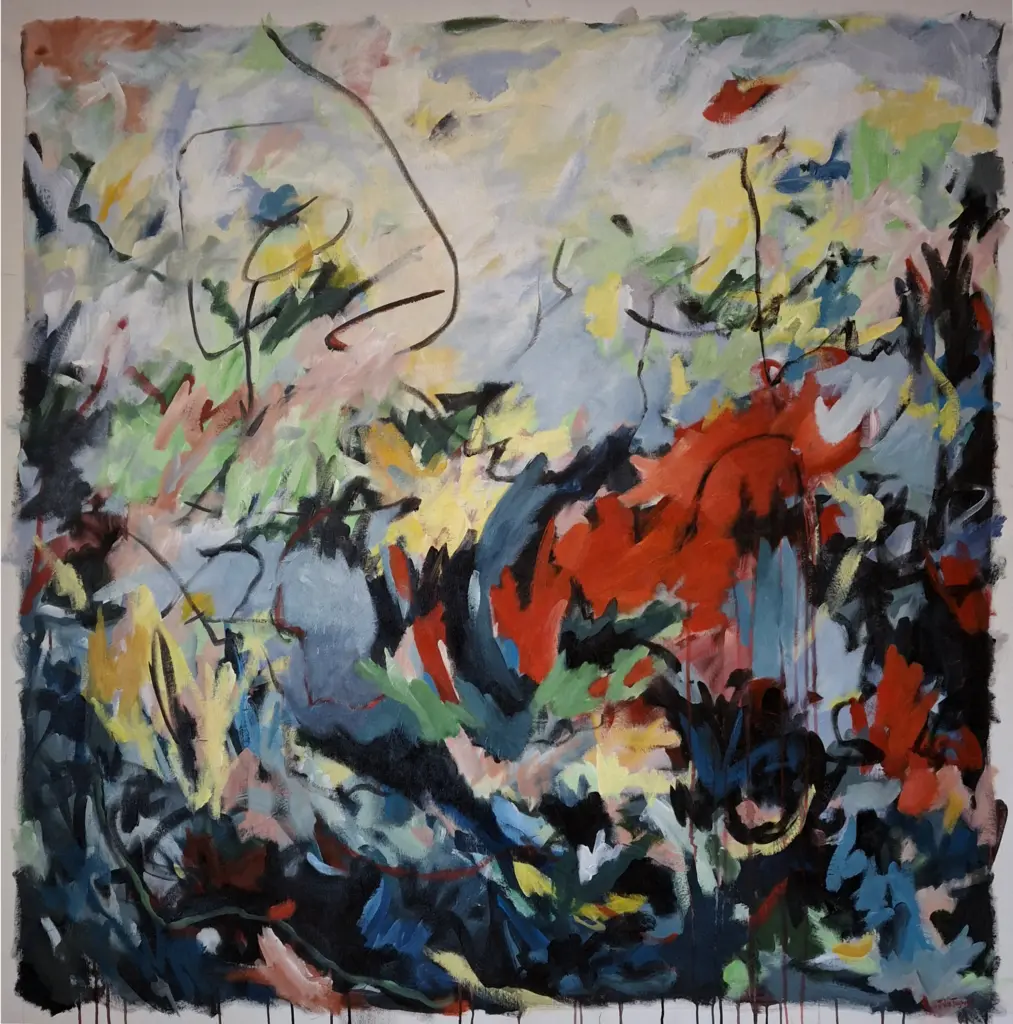 Large expressive abstract garden in acrylic with a red-orange sun over cool blues, greys and green by Julie Tugwell.
