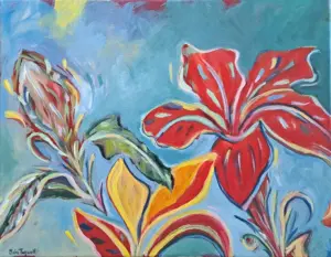 Julie Tugwell Art <br> Art Deco Flowers 2 <br> Acrylic on Canvas <br> 360 mm x 460 mm