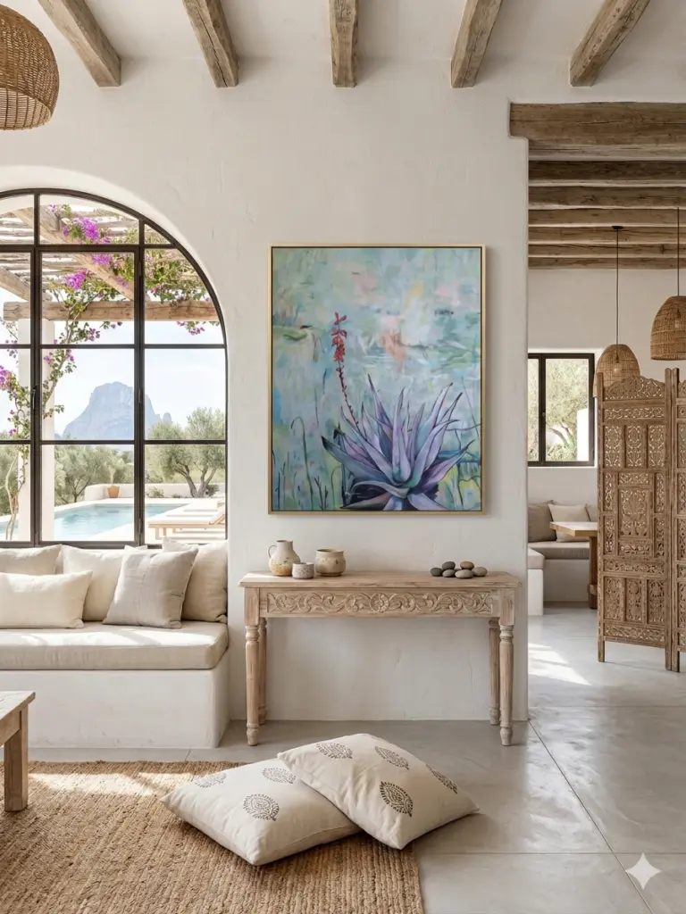 Flowering Aloes — Acrylic on Stretched Canvas, 600 × 1000 mm shown in an interior setting.