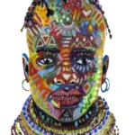 Fine art print of Bongani by Julie Tugwell, a symmetrical patterned portrait with a beaded collar.