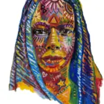 Fine art print of Makia by Julie Tugwell, a portrait in a long striped headcloth with drawn symbols.