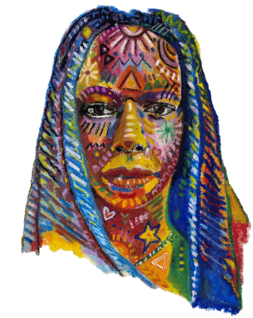 Fine art print of Makia by Julie Tugwell, a portrait in a long striped headcloth with drawn symbols.