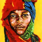 Fine art print of My African Warrior by Julie Tugwell, a young man in a red headwrap on yellow.