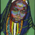 Fine art print of Fikile by Julie Tugwell, a portrait of a woman in an indigo headwrap with long beaded strands.