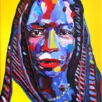Fine art print of Thandiwe by Julie Tugwell, a portrait of a woman with long braids on a bright yellow ground.