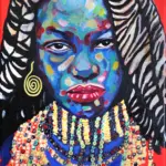 Fine art print of African Kadinsky by Julie Tugwell, a portrait with striped hair and beaded collar on red.