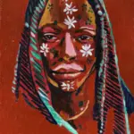 Fine art print of Wisdom by Julie Tugwell, a portrait with braided hair and white flowers on terracotta.