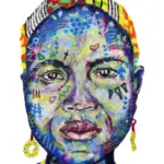 Fine art print of Nobomi by Julie Tugwell, a patterned portrait with a chequered headband on white.