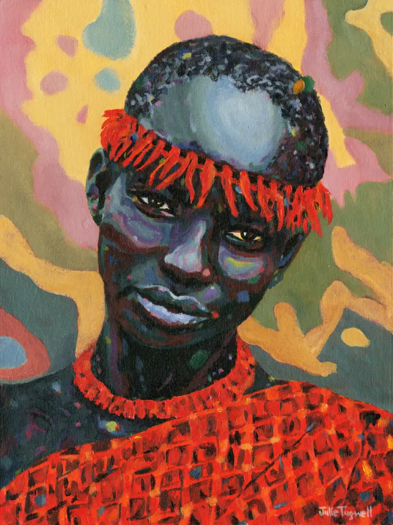 Fine art print of Amandla by Julie Tugwell, a portrait in a beaded cap and red garment.