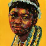 Fine art print of Noxolo by Julie Tugwell, a smiling portrait with beaded necklaces on golden yellow.