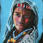 Fine art print of Ntombi by Julie Tugwell, a portrait in a striped headcloth with cowrie shell necklaces.