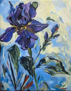 Iris Bloom after the Storm — acrylic on canvas, 28 × 35 cm, by Julie Tugwell