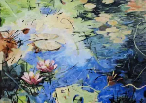 In The Depth of My Pond, the Water Lilies Float and Flower — Acrylic on Stretched Canvas, 1200 × 850 mm
