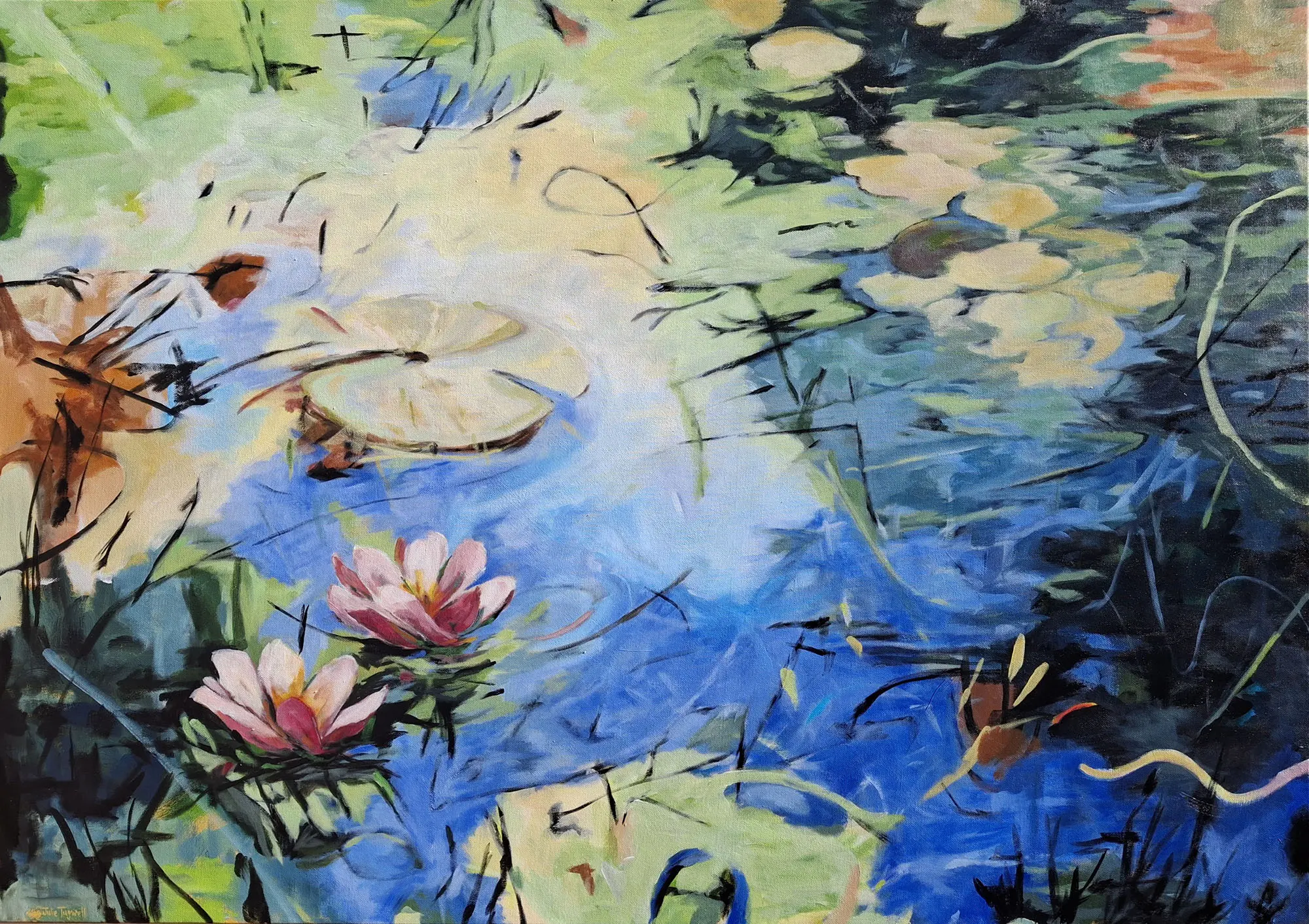 In The Depth of My Pond, the Water Lilies Float and Flower — Acrylic on Stretched Canvas, 1200 × 850 mm
